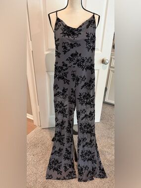 NWT Stylish Gray Floral Jumpsuit with Black Burnout Velvet